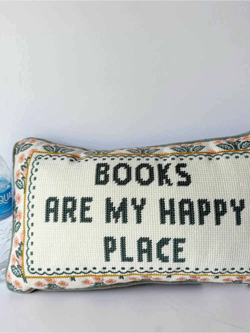 BOOKS ARE MY HAPPY PLACE Floral Green Needlepoint Pillow 9x15 in. Rachel Zoe NEW